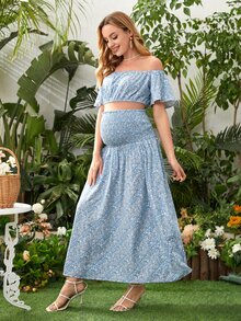 SHEIN 孕婦小碎花一字肩短款上衣和腰部打褶半身裙 - 彩色 - 查看 4