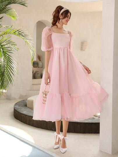【関送込み】Since Then puff sleeve one-piece dress/E230004 ZZIDOU Puff Sleeve Slit Dress Square Neck Lace A-line Beach