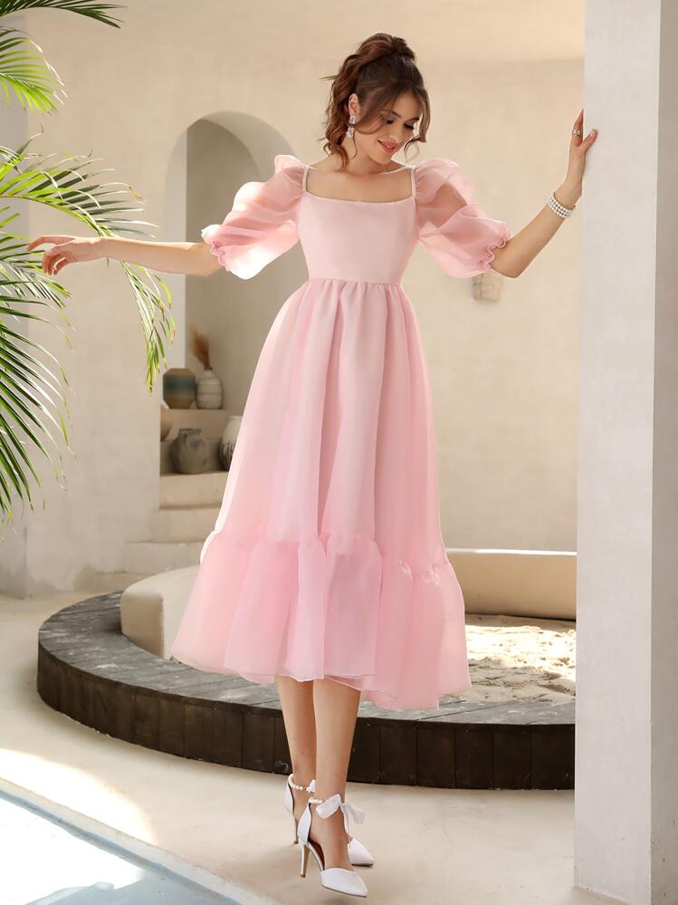 SHEIN Puff Sleeve Ruffle Hem Organza Dress | SHEIN USA