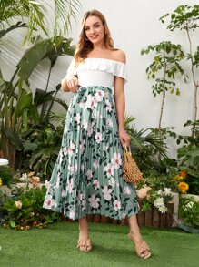 SHEIN Chân váy Bà bầu Thắt lưng Xếp li Hoa Tất cả trên in Boho - Nhiều màu - Xem 1