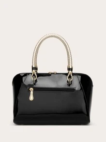 zijinling 人造漆皮優雅拉鍊頂部手提包，女式時尚純色皮夾適合工作和派對優雅拉鍊手提包，女式時尚純色皮夾適合工作和派對 - 黑色 - 查看 2