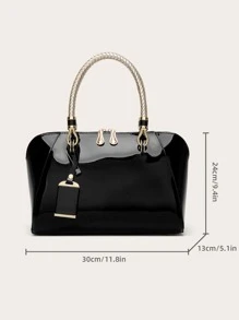 zijinling 人造漆皮優雅拉鍊頂部手提包，女式時尚純色皮夾適合工作和派對優雅拉鍊手提包，女式時尚純色皮夾適合工作和派對 - 黑色 - 查看 5