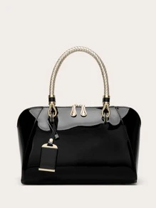 zijinling 人造漆皮優雅拉鍊頂部手提包，女式時尚純色皮夾適合工作和派對優雅拉鍊手提包，女式時尚純色皮夾適合工作和派對 - 黑色 - 查看 6