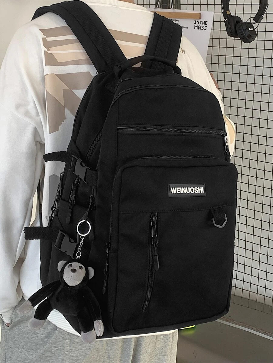 Letter Patch Decor Ba lô chức năng với túi hoạt hình Túi đi học quyến rũ dành cho sinh viên tốt nghiệp, cô gái tuổi teen, sinh viên năm nhất, sinh viên năm hai, trung học cơ sở và trung học phổ thông, đại học và trung học phổ thông, hoàn hảo cho hoạt động ngoài trời, du lịch và quay lại trường học - màu đen - Xem 1