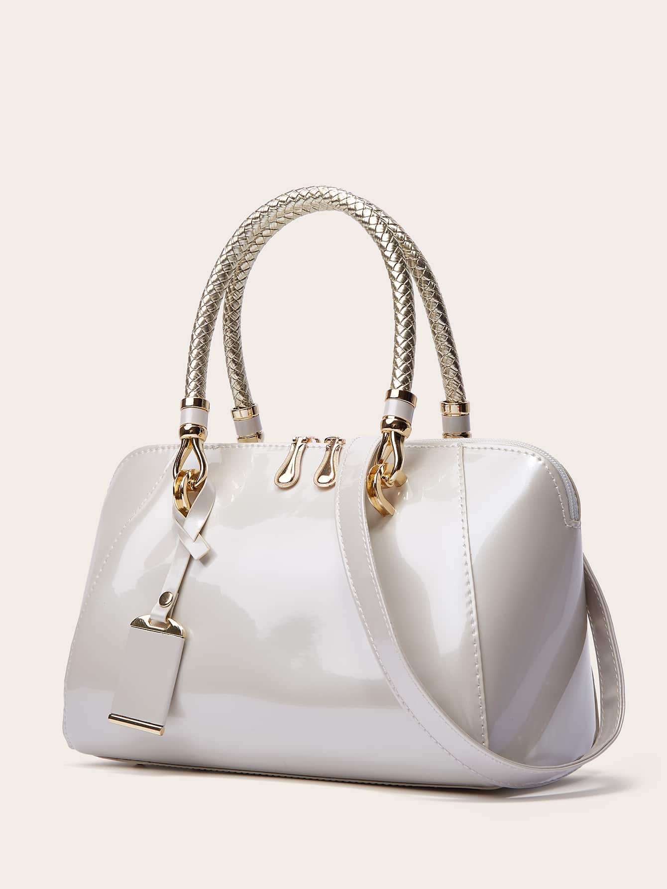 zijinling 人造漆皮手提托特包 - 米色 - 查看 1