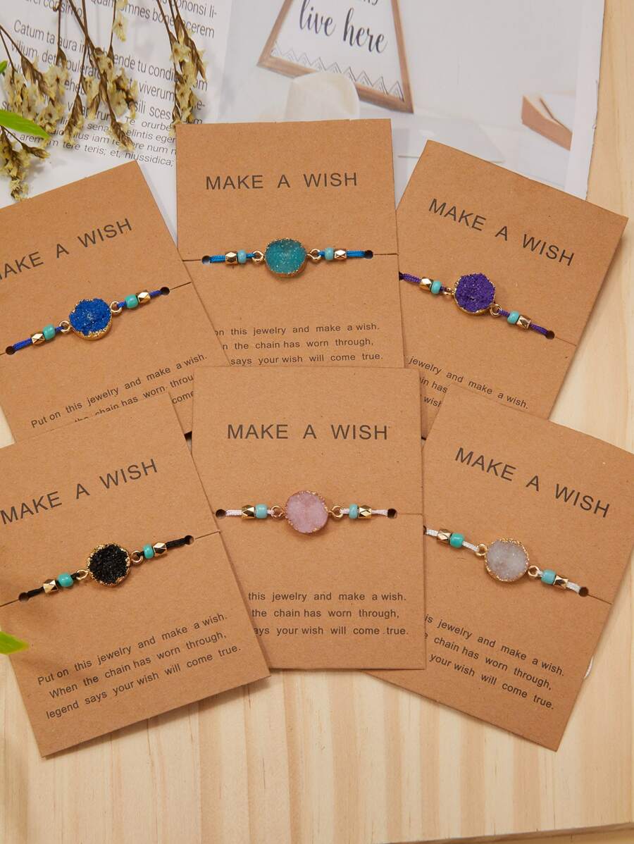 6 piezas pulsera con cuentas de piedra natural y tarjeta tejida en forma de corazón - Multicolor - Ver 1