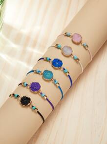 6 piezas pulsera con cuentas de piedra natural y tarjeta tejida en forma de corazón - Multicolor - Ver 2