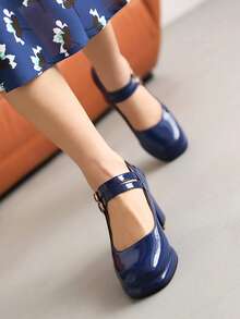 Tacones mary jane con doble hebilla con tacón grueso - Azul - Ver 3