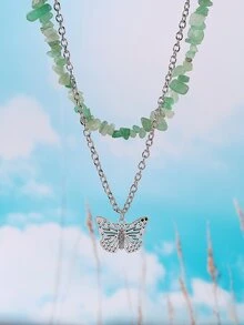 2入組鏤空蝴蝶吊墜項鍊 - 綠色 - 查看 1