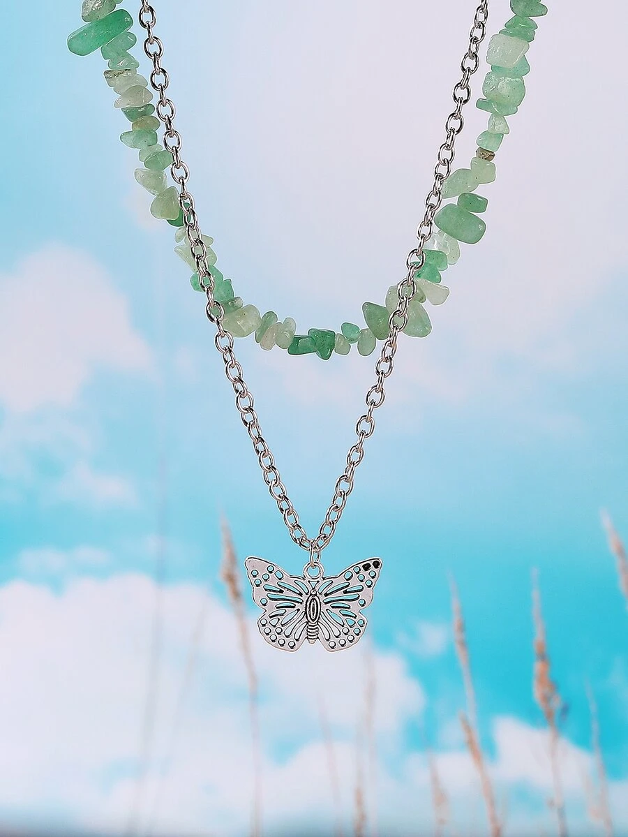 2入組鏤空蝴蝶吊墜項鍊 - 綠色 - 查看 1