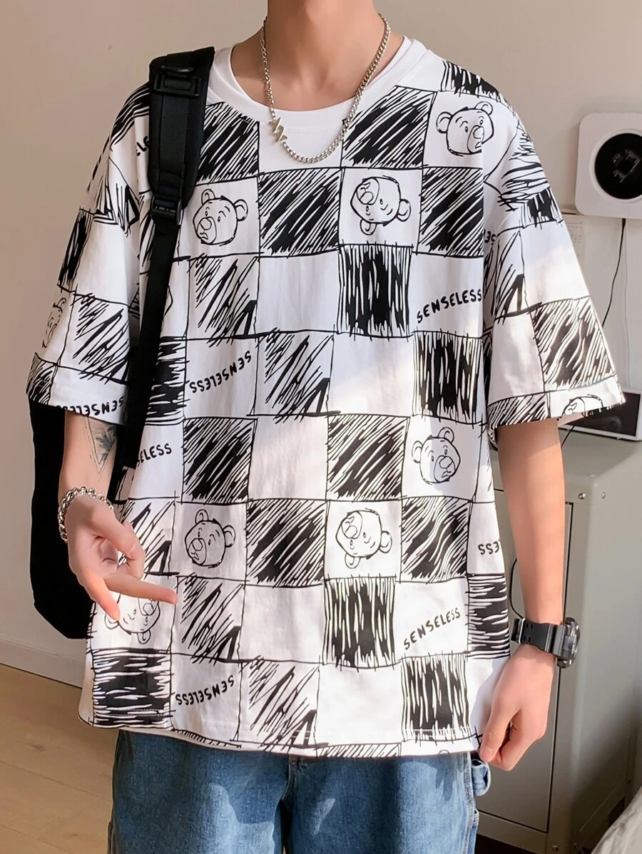 Hombres Camiseta de hombros caídos con estampado de letra y dibujos animados - Blanco y Negro - Ver 1