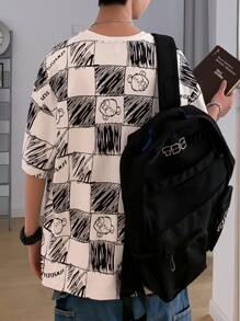 Hombres Camiseta de hombros caídos con estampado de letra y dibujos animados - Blanco y Negro - Ver 2