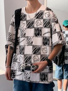 Hombres Camiseta de hombros caídos con estampado de letra y dibujos animados - Blanco y Negro - Ver 5