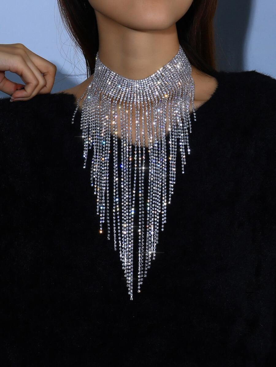 1pc Fashionable European & American Style Rhinestone Exaggerated Luxury Necklace, Tassel Choker Necklace, Sexy Nightclub Accessory - Silver - View 1