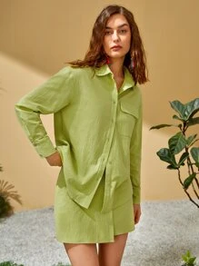 SHEIN 翻蓋口袋落肩袖襯衫 - 青檸色 - 查看 1