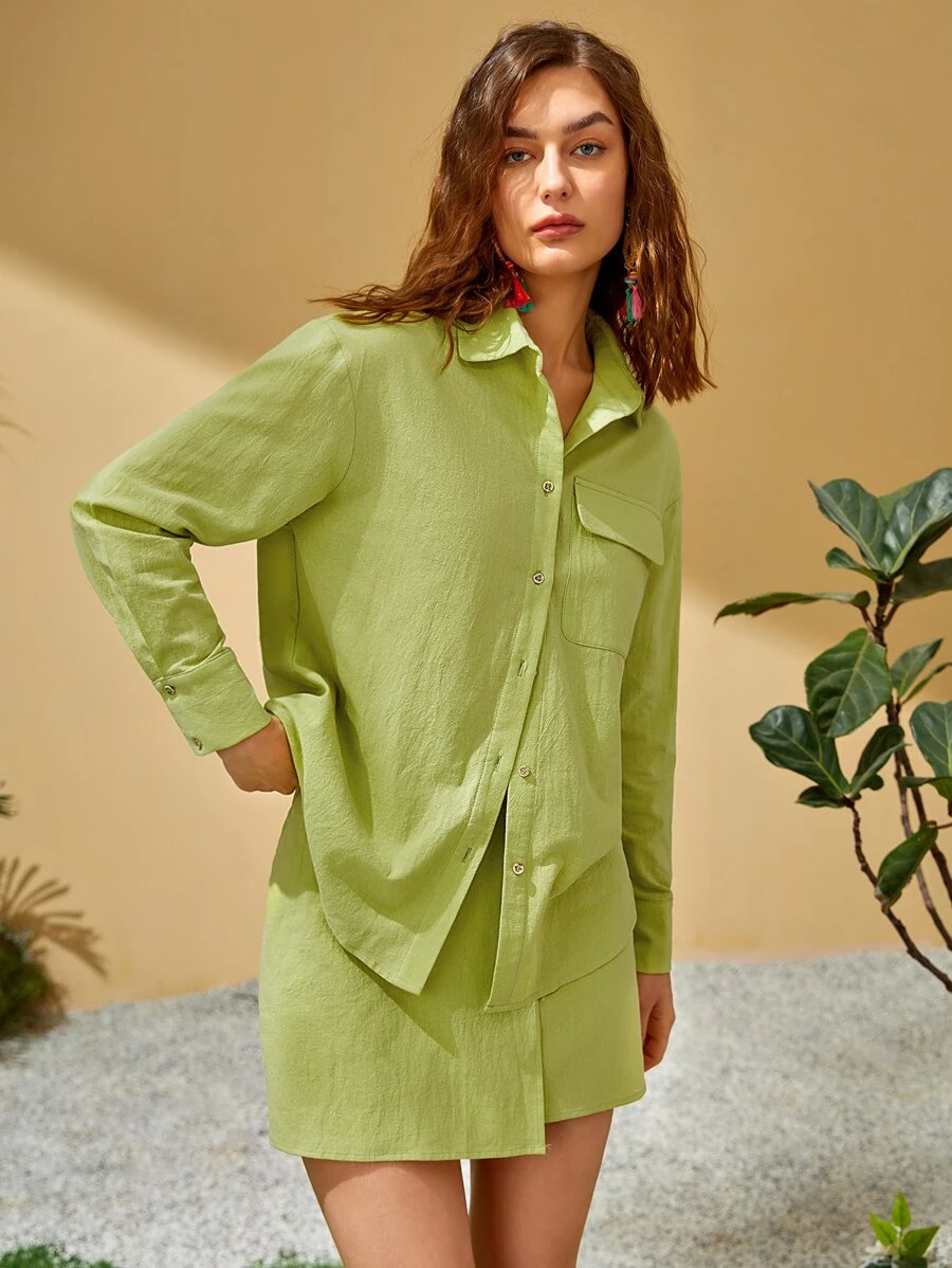 SHEIN 翻蓋口袋落肩袖襯衫 - 青檸色 - 查看 1