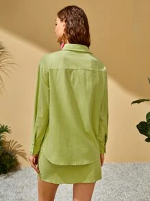 SHEIN 翻蓋口袋落肩袖襯衫 - 青檸色 - 查看 2