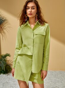 SHEIN 翻蓋口袋落肩袖襯衫 - 青檸色 - 查看 4