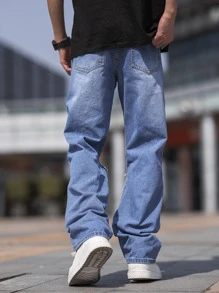 Manfinity Hombres Jeans de pierna recta fuego & con diseño de parche de letra desgarro - Azul lavado medio - Ver 2