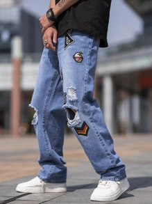 Manfinity Hombres Jeans de pierna recta fuego & con diseño de parche de letra desgarro - Azul lavado medio - Ver 3