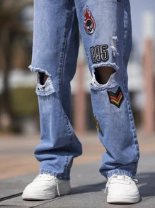 Manfinity Hombres Jeans de pierna recta fuego & con diseño de parche de letra desgarro - Azul lavado medio - Ver 6