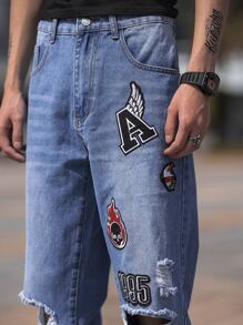 Manfinity Hombres Jeans de pierna recta fuego & con diseño de parche de letra desgarro - Azul lavado medio - Ver 7