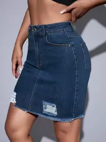 High Waist Ripped Raw Trim Denim Skirt - Dark Wash - View 1