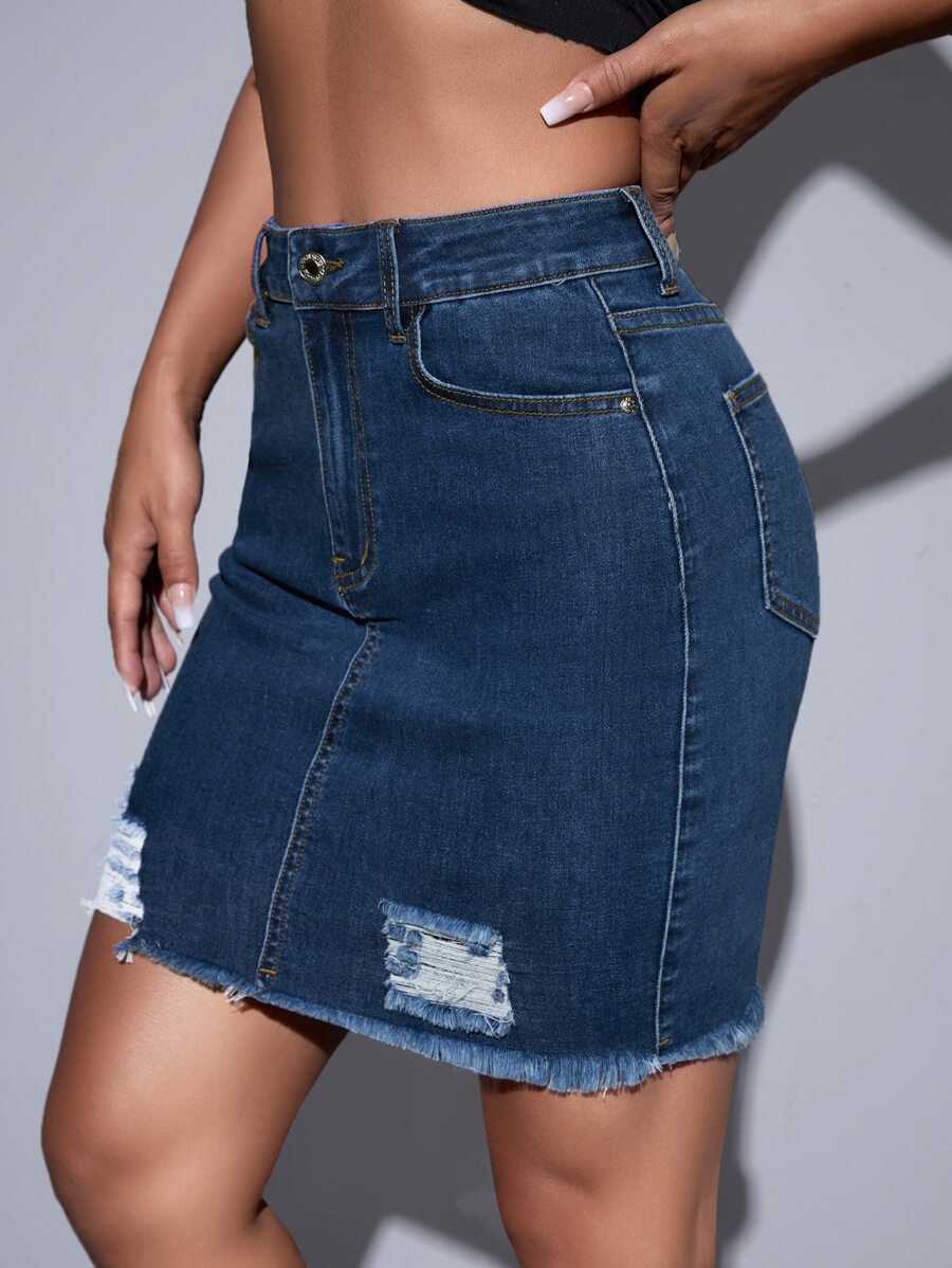 High Waist Ripped Raw Trim Denim Skirt - Dark Wash - View 1
