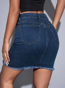 High Waist Ripped Raw Trim Denim Skirt - Dark Wash - View 2