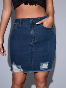 High Waist Ripped Raw Trim Denim Skirt - Dark Wash - View 3