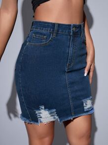 High Waist Ripped Raw Trim Denim Skirt - Dark Wash - View 4