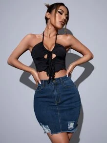 High Waist Ripped Raw Trim Denim Skirt - Dark Wash - View 5