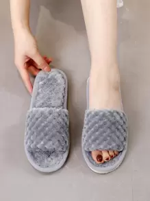 單帶蓬鬆細節臥室拖鞋 - 灰色 - 查看 1