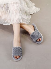 單帶蓬鬆細節臥室拖鞋 - 灰色 - 查看 2
