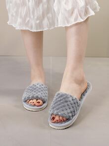 單帶蓬鬆細節臥室拖鞋 - 灰色 - 查看 3