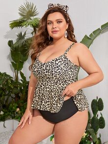 Plus Size Leopard Flounce Hem Tankini & Hairband Summer Beach - Multicolor - View 3