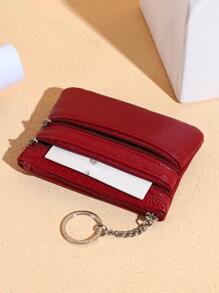 Multi Zipper Textured Coin Purse - Red - View 4