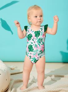 Baby Girl Tropical Print Ruffle Trim One Piece Swimsuit - Multicolor - View 1
