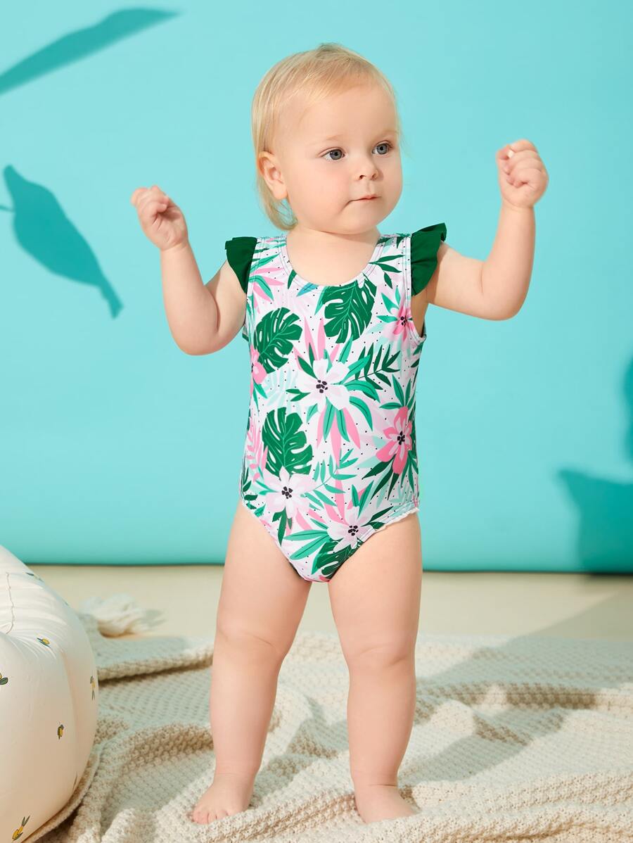 Baby Girl Tropical Print Ruffle Trim One Piece Swimsuit - Multicolor - View 1