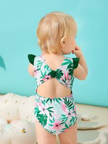 Baby Girl Tropical Print Ruffle Trim One Piece Swimsuit - Multicolor - View 2
