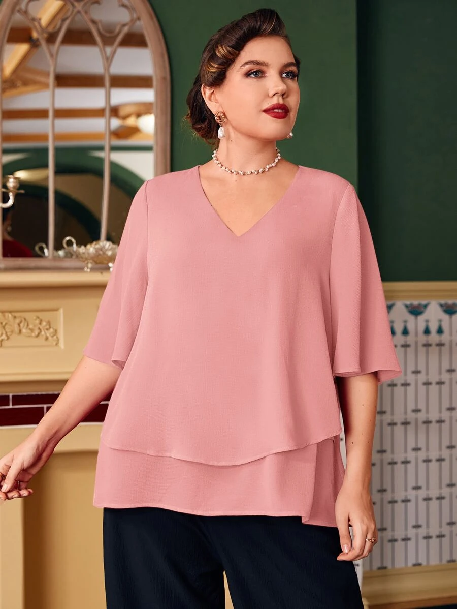 Mulvari Plus Butterfly Sleeve Overlay Blouse - Dusty Pink - View 1