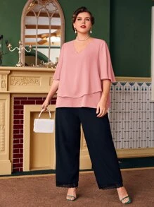 Mulvari Plus Butterfly Sleeve Overlay Blouse - Dusty Pink - View 4
