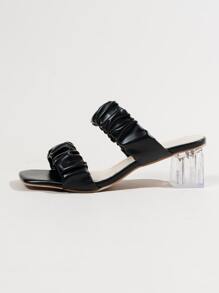 Ruched Chunky Heeled Mule Sandals - Black - View 2