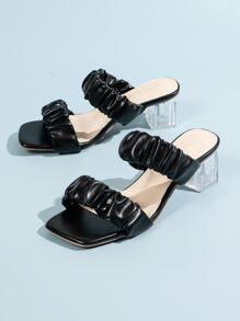 Ruched Chunky Heeled Mule Sandals - Black - View 3
