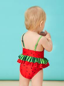 SHEIN Baby Girl Adjustable Strap One Piece Swimsuit Lovely Summer Vacation Sweet Watermelon Shaped Ruffled Beachwear