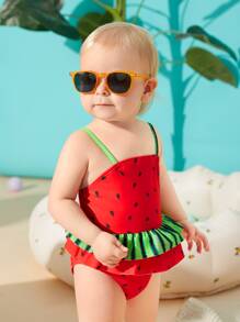 SHEIN Baby Girl Adjustable Strap One Piece Swimsuit Lovely Summer Vacation Sweet Watermelon Shaped Ruffled Beachwear
