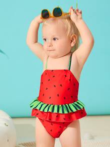 SHEIN Baby Girl Adjustable Strap One Piece Swimsuit Lovely Summer Vacation Sweet Watermelon Shaped Ruffled Beachwear