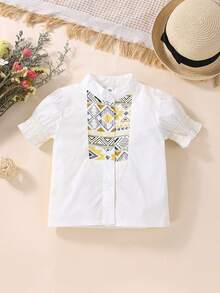 Bebé Blusa con estampado geométrico de manga farol ribete con fruncido - Blanco - Ver 3