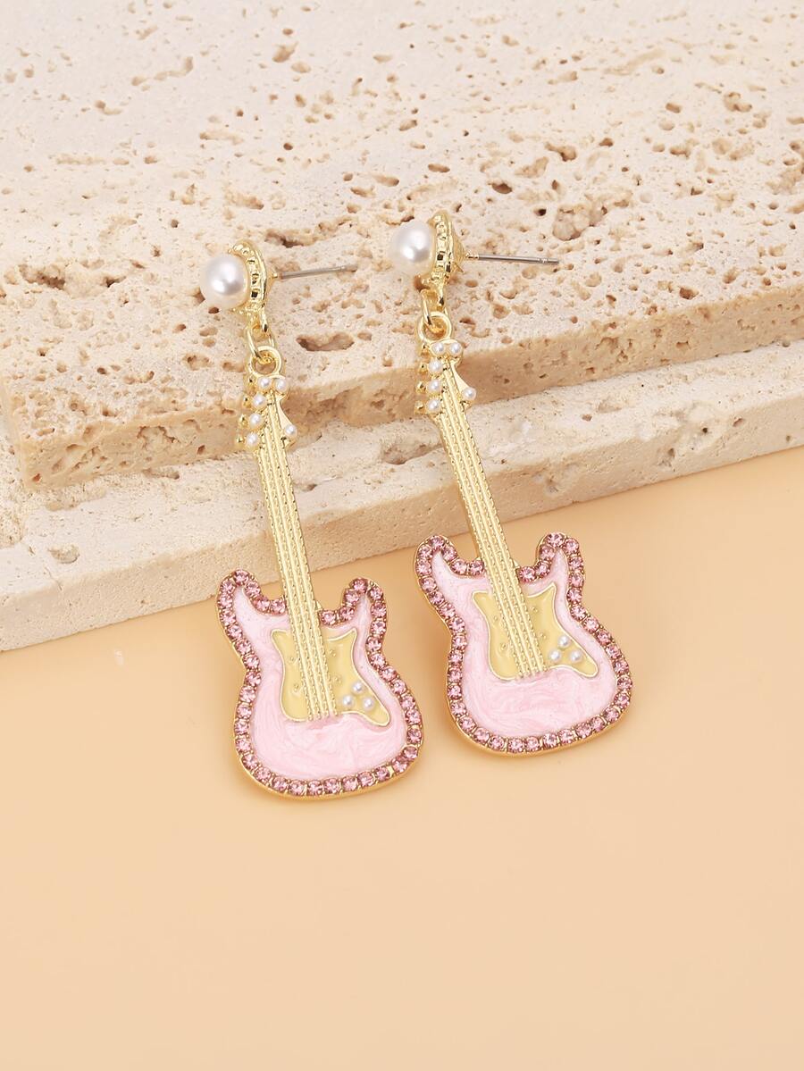 Rhinestone & Faux Pearl Chi tiết Hoa tai đàn ghi ta thả - Nhiều màu - Xem 1