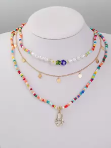 3 piezas Collar de color combinado con cuenta con accesorio de corazón - Multicolor - Ver 1